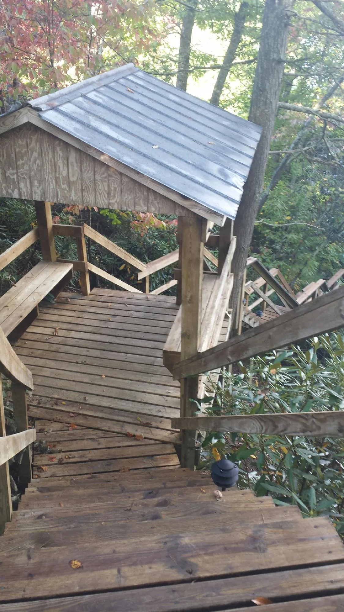 Metal roofed shelter over wooden steps on a wooded walkway — Skylight Repair & Installation work by our crew in Ottertail